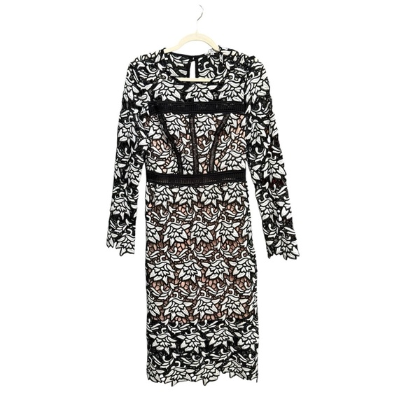 True Decadence Long Sleeve Black and White Floral Appliqué Medi Dress Sz 10 - Picture 3 of 9